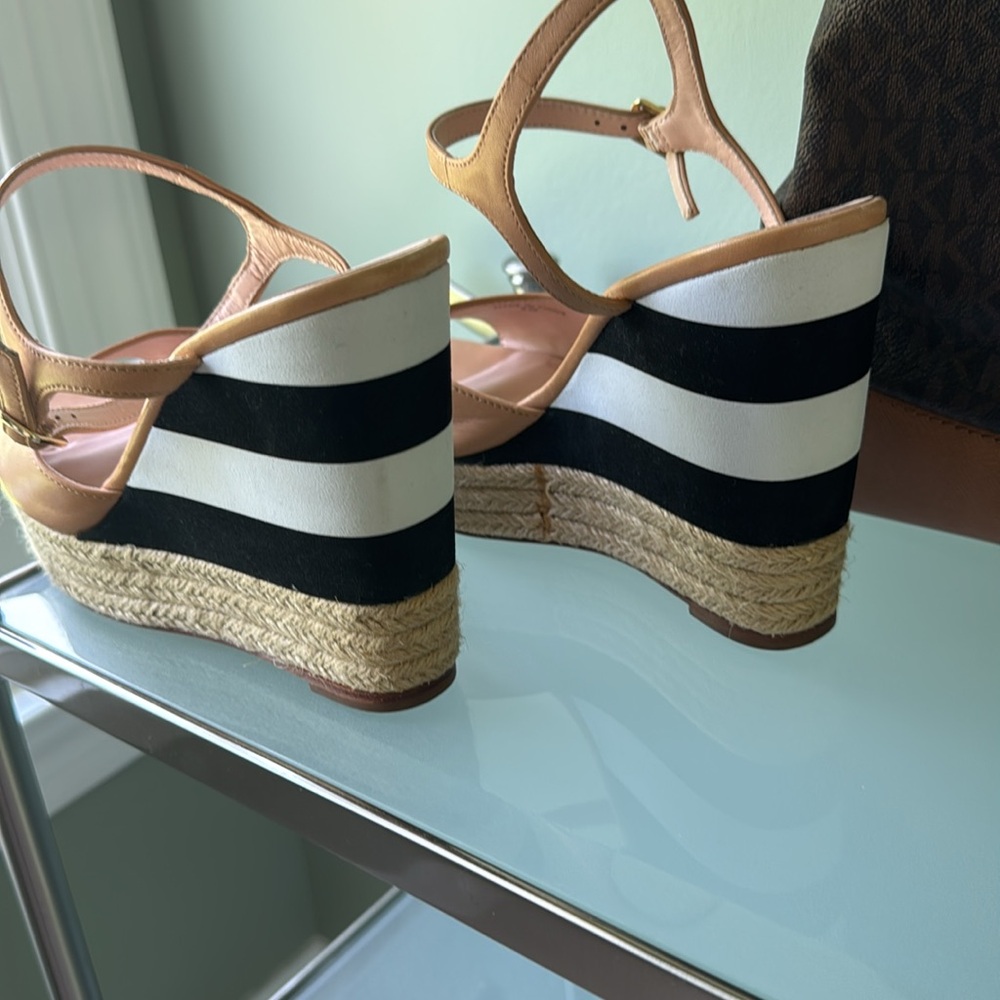 Kate Spade Tan and Black Wedges with White Stripes - Picture 8 of 10